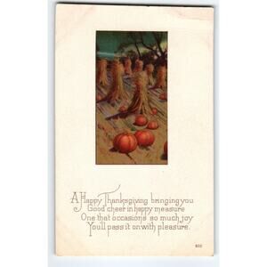 Vintage Thanksgiving Lithograph Postcard with Pumpkin Harvest Scene